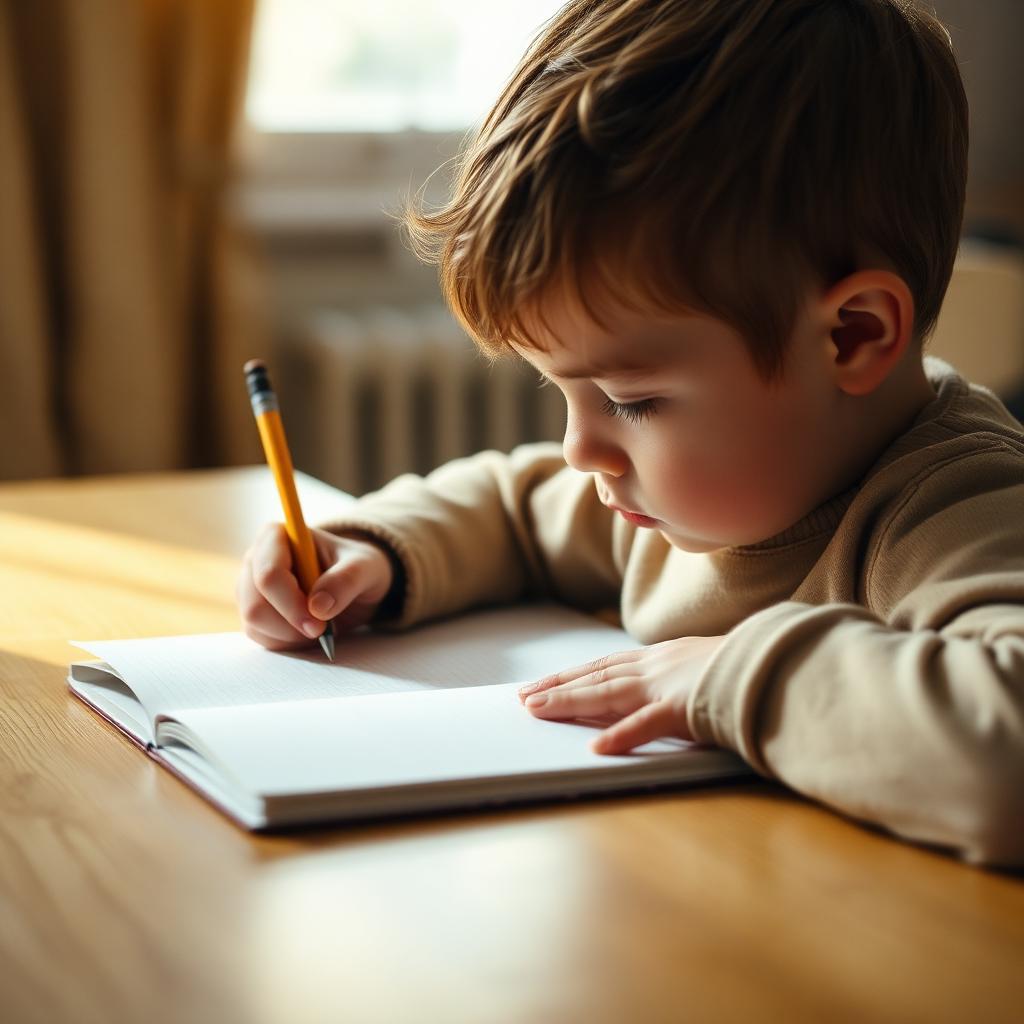 Criança concentrada escrevendo em um caderno durante a aula particular